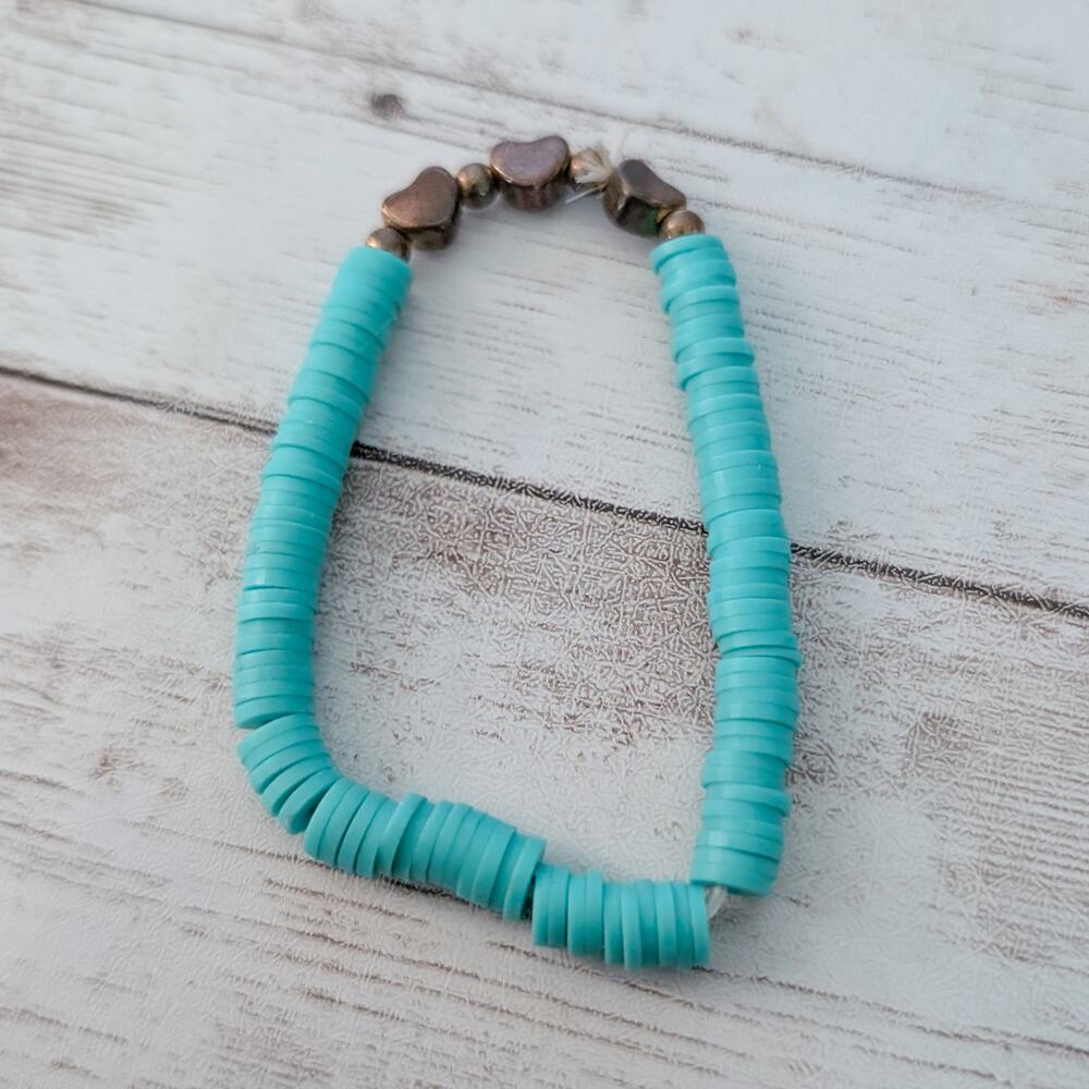 Turquoise Tone Stretch Bracelet with Heart Beads - Fair Condition